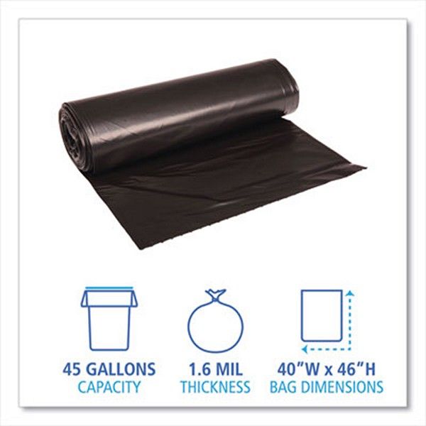 Boardwalk® Low Density Repro Can Liners, 45 Gal, 1.6 Mil, 40" X 46", Black, 10 Bags/roll, 10 Rolls/carton