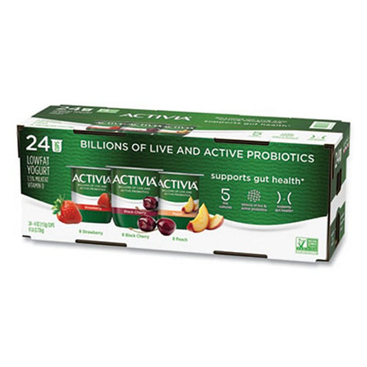 Activia Probiotic Lowfat Yogurt, 4 Cups, Black Cherry/peach/strawberry, 24/pack