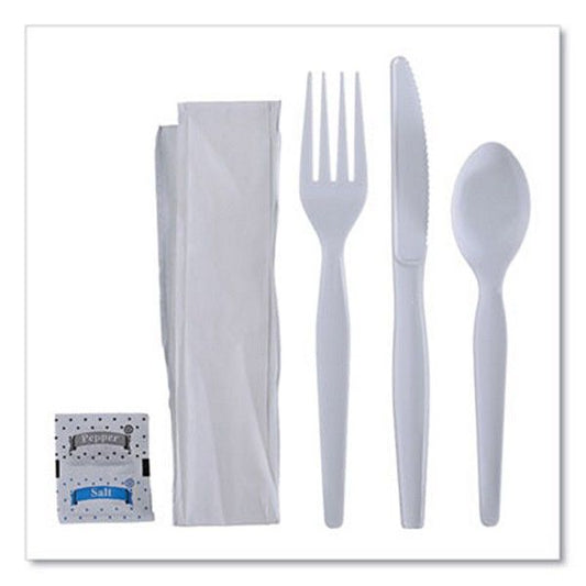 Boardwalk® Six-Piece Cutlery Kit, Condiment/fork/knife/napkin/spoon, Heavyweight, White, 250/carton