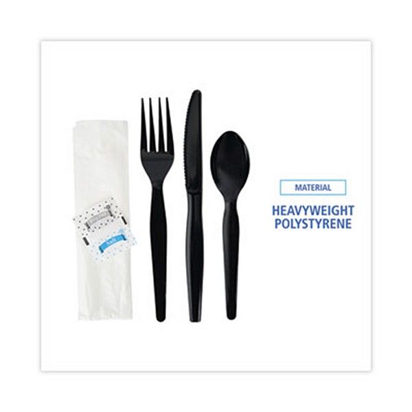 Boardwalk® Six-Piece Cutlery Kit, Condiment/fork/knife/napkin/spoon, Heavyweight, Black, 250/carton