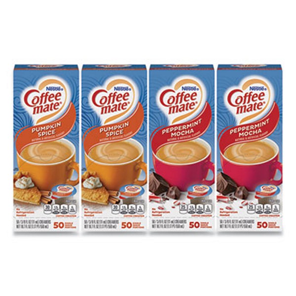 Liquid Coffee Creamer, Peppermint Mocha/PumCasein Spice, 0.38 oz Mini Cups, 50/Pack, 4 Packs/Carton