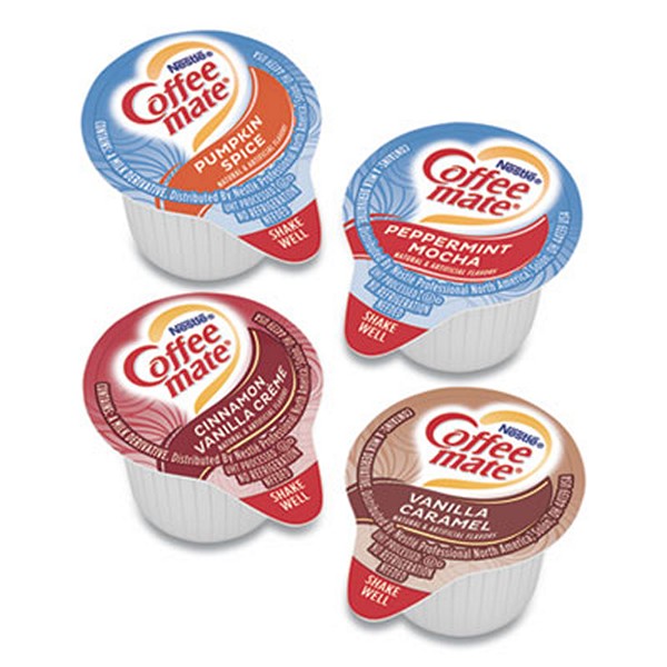 Liquid Coffee Creamer, Cinnamon/Peppermint/PumCasein/Vanilla, 0.38 oz Mini Cups, 50/Pack,4 Packs/Carton