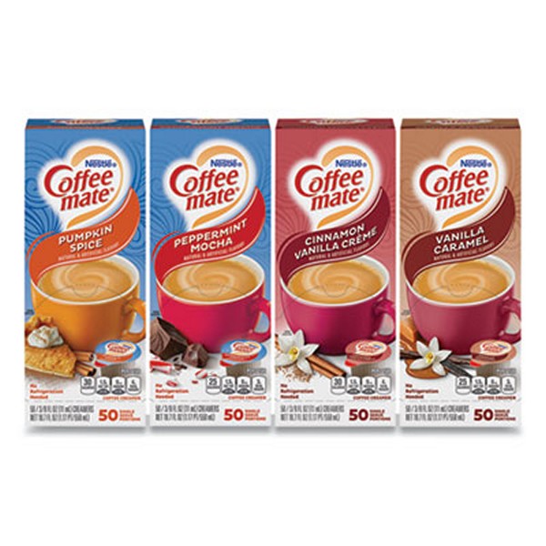 Liquid Coffee Creamer, Cinnamon/Peppermint/PumCasein/Vanilla, 0.38 oz Mini Cups, 50/Pack,4 Packs/Carton