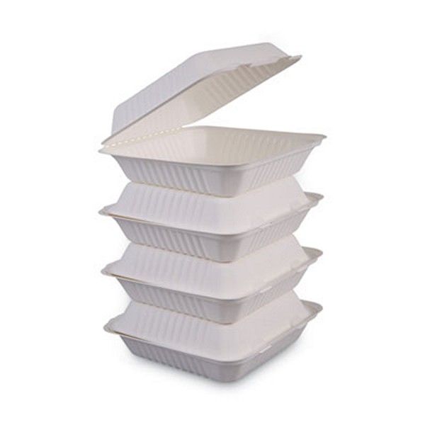 Boardwalk® Bagasse Food Containers, Hinged-Lid, 1-Compartment 9 X 9 X 3.19, White, 100/sleeve, 2 Sleeves/carton