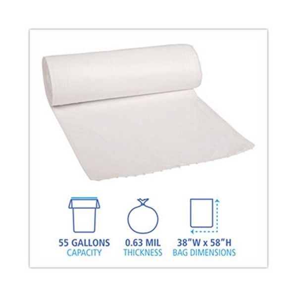 Boardwalk® Low Density Repro Can Liners, 55 gal, 0.63 mil, 38" x 58", White, 10 Bags/Roll, 10 Rolls/Carton