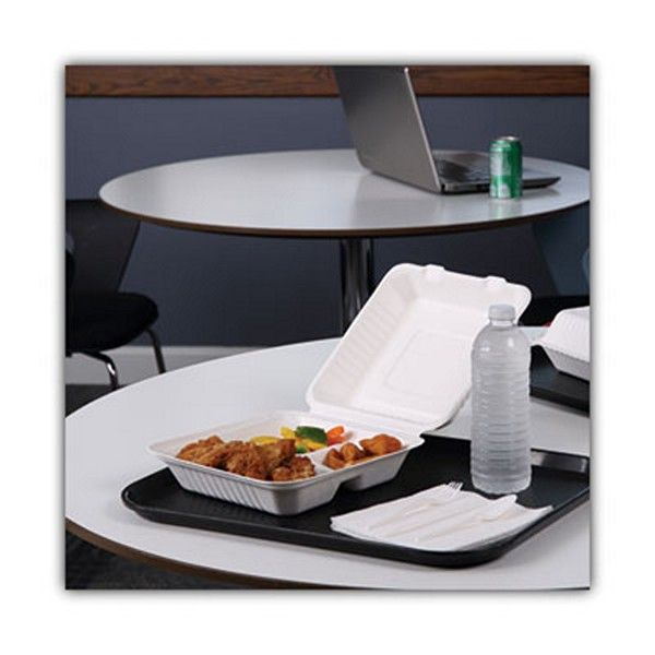 Boardwalk® Bagasse Food Containers, Hinged-Lid, 3-Compartment 9 X 9 X 3.19, White, 100/sleeve, 2 Sleeves/carton