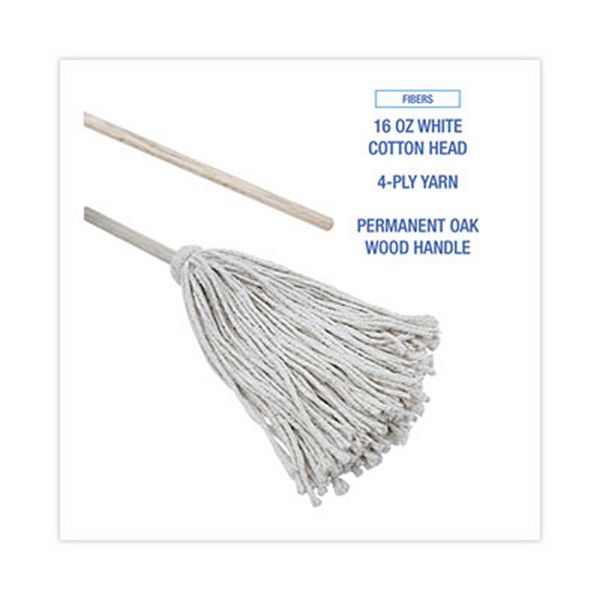 Boardwalk® Handle/deck Mops, 16 Oz White Cotton Head, 48" Oak Wood Handle