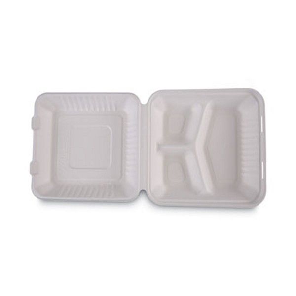 Boardwalk® Bagasse Food Containers, Hinged-Lid, 3-Compartment 9 X 9 X 3.19, White, 100/sleeve, 2 Sleeves/carton