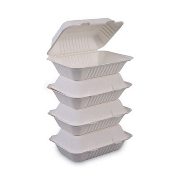 Boardwalk® Bagasse Food Containers, Hinged-Lid, 1-Compartment 9 X 6 X 3.19, White, 125/sleeve, 2 Sleeves/carton