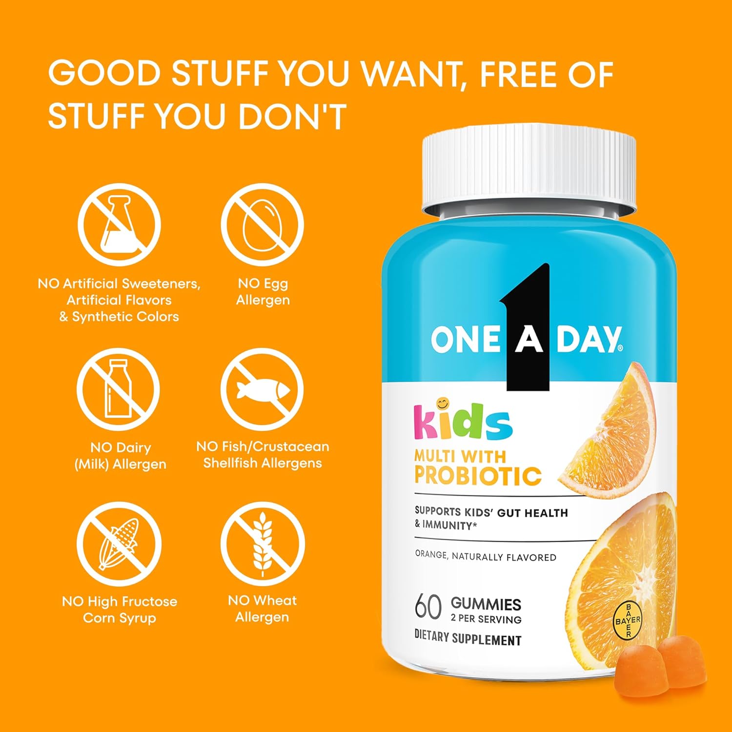 One A Day Kids Multivitamin Gummy With Probiotics, 60 Piece, 3 Per Pack, 8 Packs Per Case