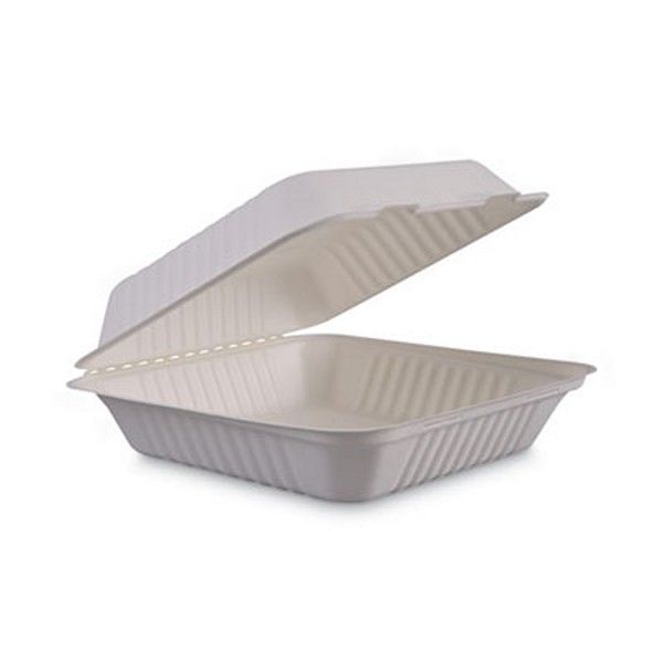 Boardwalk® Bagasse Food Containers, Hinged-Lid, 1-Compartment 9 X 9 X 3.19, White, 100/sleeve, 2 Sleeves/carton