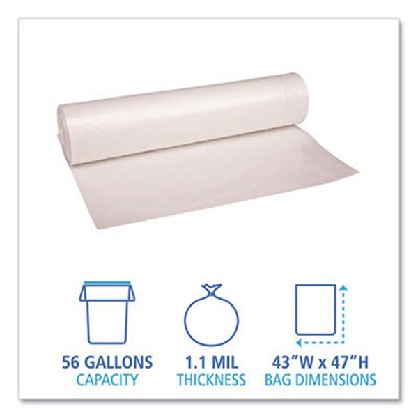 Boardwalk® Low Density Repro Can Liners, 56 Gal, 1.1 Mil, 43" X 47", Clear, 10 Bags/roll, 10 Rolls/carton