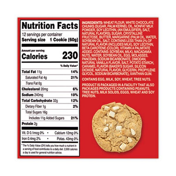 White Chunk Macadamia Cookies, 2.1 oz, Individually Wrapped Pack, White Chocolate, 12/Carton