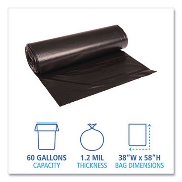 Boardwalk® Low Density Repro Can Liners, 60 Gal, 1.2 Mil, 38" X 58", Black, 10 Bags/roll, 10 Rolls/carton