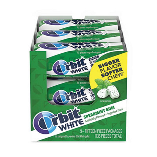 White Sugar-Free Gum, Spearmint, 15 Pieces/Pack, 9 Packs/Carton