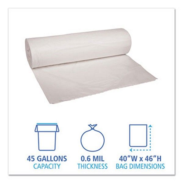 Boardwalk® Low-Density Waste Can Liners, 45 Gal, 0.6 Mil, 40" X 46", White, 100/carton