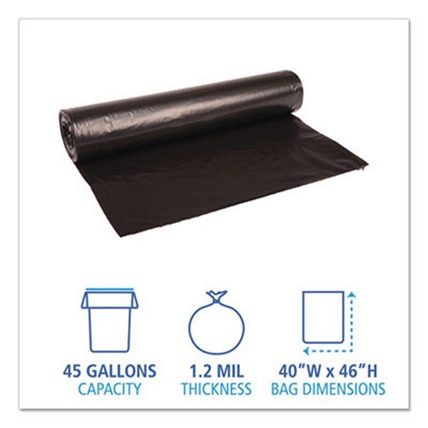 Boardwalk® Low Density Repro Can Liners, 45 Gal, 1.2 Mil, 40" X 46", Black, 10 Bags/roll, 10 Rolls/carton