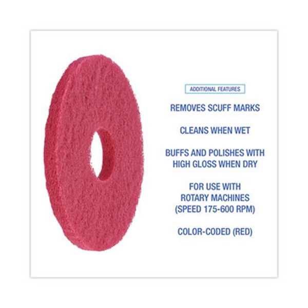 Boardwalk® Buffing Floor Pads, 12" Diameter, Red, 5/carton