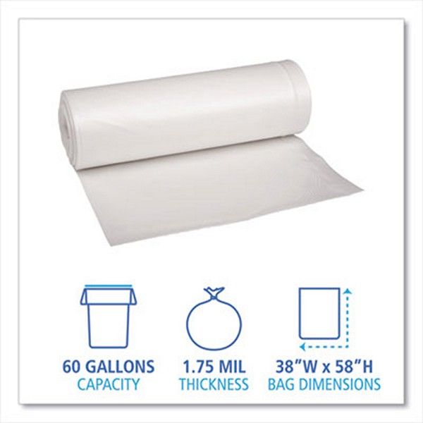 Boardwalk® Low Density Repro Can Liners, 60 Gal, 1.75 Mil, 38" X 58", Clear, 10 Bags/roll, 10 Rolls/carton