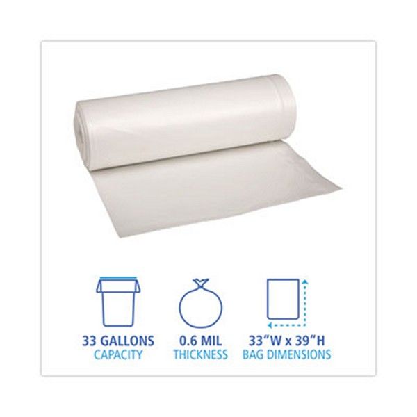 Boardwalk® Low-Density Waste Can Liners, 33 Gal, 0.6 Mil, 33 X 39, White, 6 Rolls Of 25 Bags