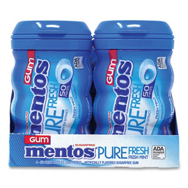 Mentos Pure Fresh Gum Variety Pack, Fresh Mint/Spearmint, 50 Pieces/Bottle, 8 Bottles/Carton