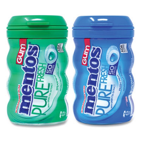 Mentos Pure Fresh Gum Variety Pack, Fresh Mint/Spearmint, 50 Pieces/Bottle, 8 Bottles/Carton