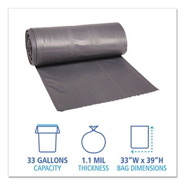 Boardwalk® Low-Density Waste Can Liners, 33 Gal, 1.1 Mil, 33" X 39", Gray, 100/carton