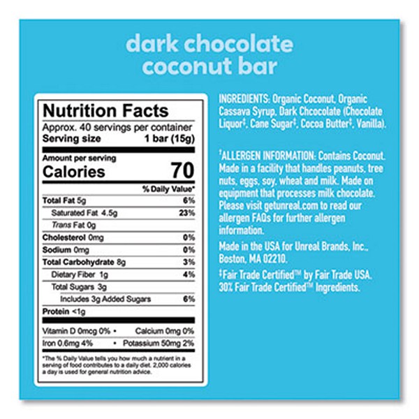 Dark Chocolate Coconut Bars, 0.53 oz, Individually Wrapped, 40/Pack