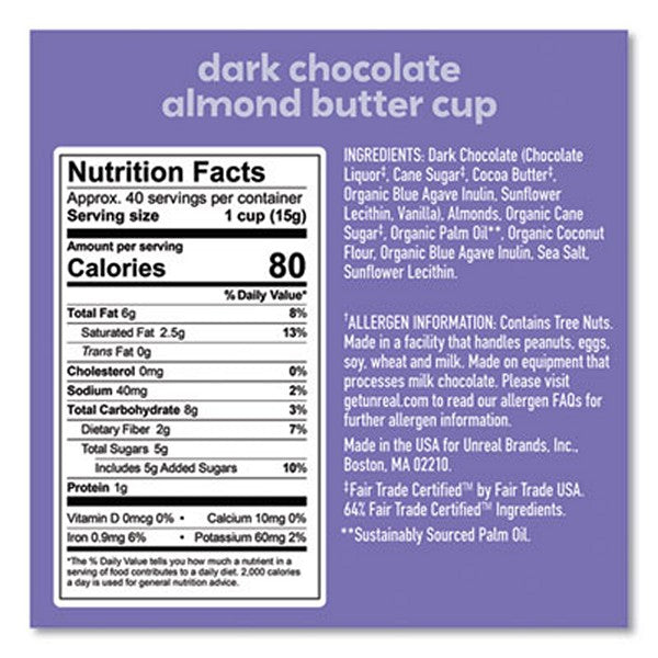 Dark Chocolate Almond Butter Cups, 0.53 oz, Individually Wrapped, 40/Pack