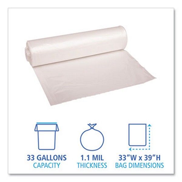 Boardwalk® Low Density Repro Can Liners, 33 Gal, 1.1 Mil, 33" X 39", Clear, 10 Bags/roll, 10 Rolls/carton