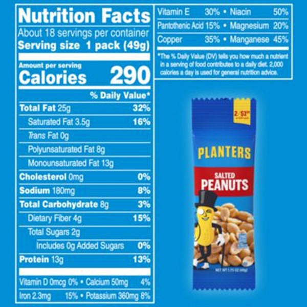 Salted Peanuts, 1.75 oz Pack, 18 Packets/Box, 2 Boxes/Carton