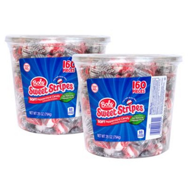 Bobs Sweet Stripes Soft Candy, Peppermint, 0.18 oz Individually Wrapped, 160/Tub, 2 Tubs/Carton