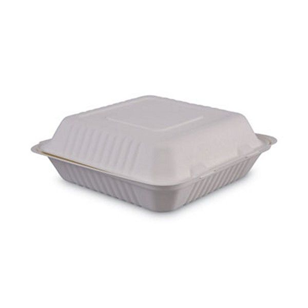 Boardwalk® Bagasse Food Containers, Hinged-Lid, 1-Compartment 9 X 9 X 3.19, White, 100/sleeve, 2 Sleeves/carton