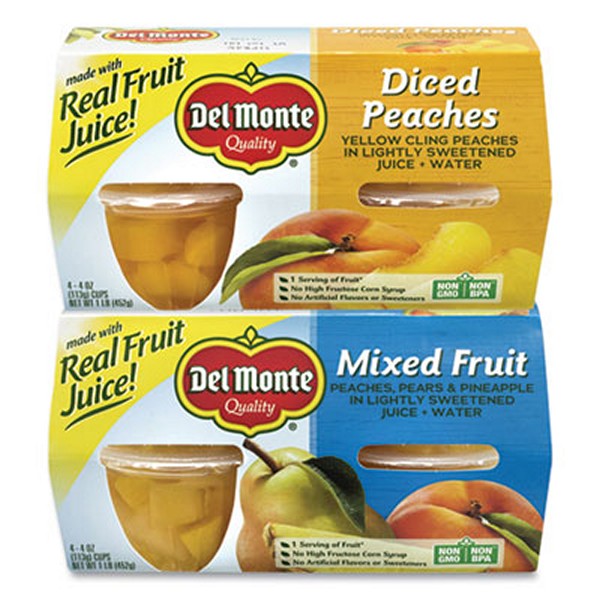 DelMonte Diced Peaches And Mixed Fruit Cups, 4 Cups, 16 Cups/box