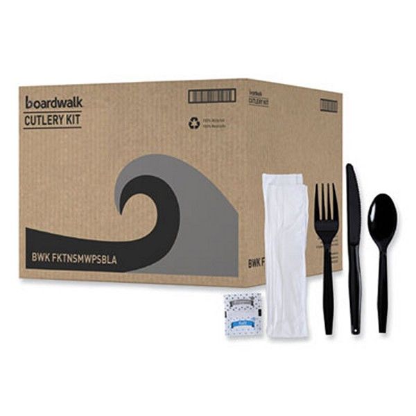 Boardwalk® Six-Piece Cutlery Kit, Condiment/fork/knife/napkin/teaspoon, Black, 250/carton