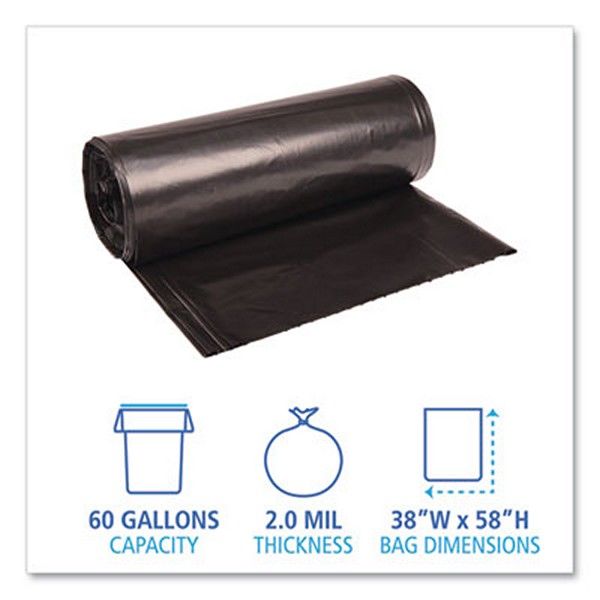 Boardwalk® Low Density Repro Can Liners, 60 Gal, 2 Mil, 38" X 58", Black, 10 Bags/roll, 10 Rolls/carton