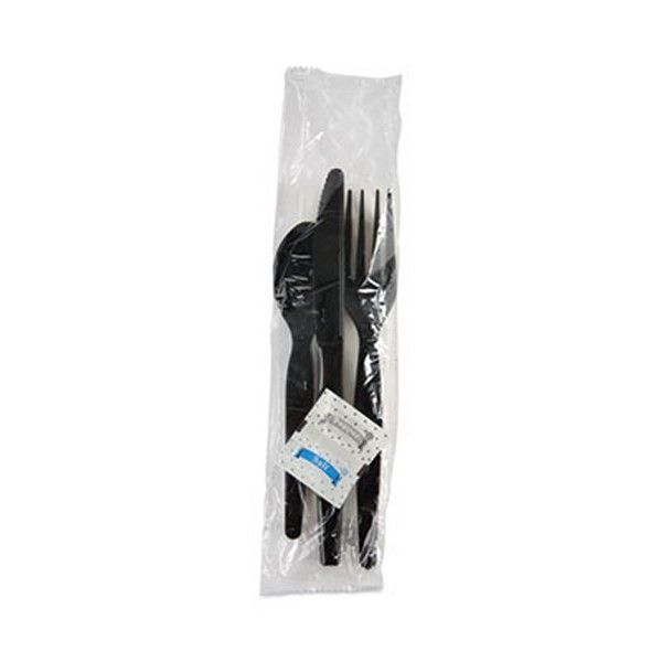 Boardwalk® Six-Piece Cutlery Kit, Condiment/fork/knife/napkin/spoon, Heavyweight, Black, 250/carton