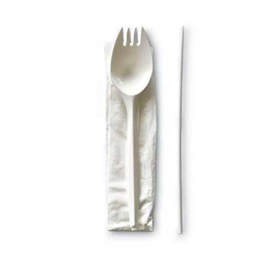 Boardwalk® School Cutlery Kit, Napkin/spork/straw, White, 1000/carton