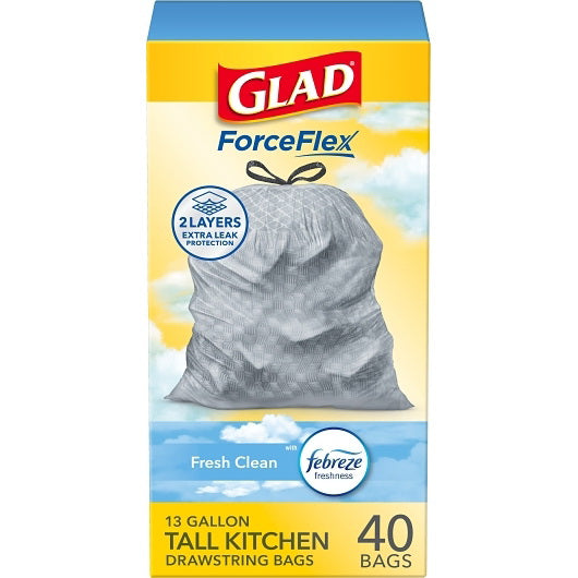 Clorox Prof. Prod. Cleaning Glad Tall Kitchen Drawstrings Fresh Clean 6- 40 Cnt - 40 Count - 6 Per Case