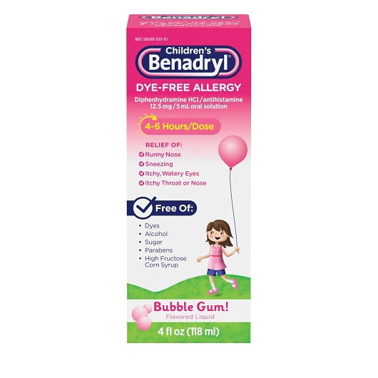 Kenvue Benadryl Children's Dye Free Allergy Liquid Bubblegum 12 - 3 - 4 Fo - 4 Fluid Ounce - 36 Per Case
