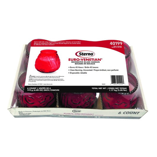 Sterno Products Euro Venetians Glass Filled Wax Candles Red 2/6 Packs - 6 Count - 2 Per Case
