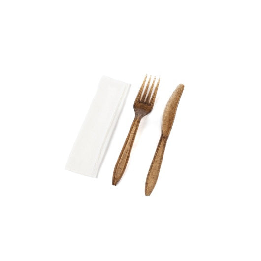 Sustainable Agave The Sustainable Agave Company Agave Brown Fork & Knife Kit + Napkin - Wrapped in Biofilm 1 - 300 Pc - 1 Per Case