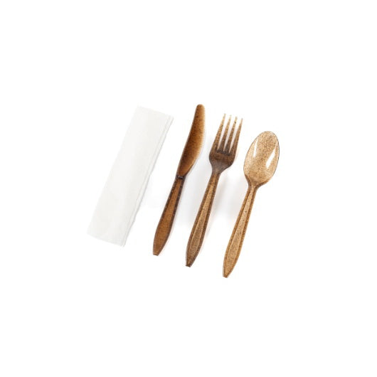Sustainable Agave The Sustainable Agave Company Agave Brown Cutlery Kit + Napkin - Wrapped in Biofilm 1 - 250 Pc - 1 Per Case