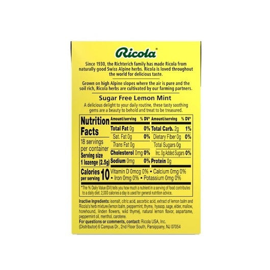 Ricola Sf Lemon Mint 18 Count Box 10 X 12