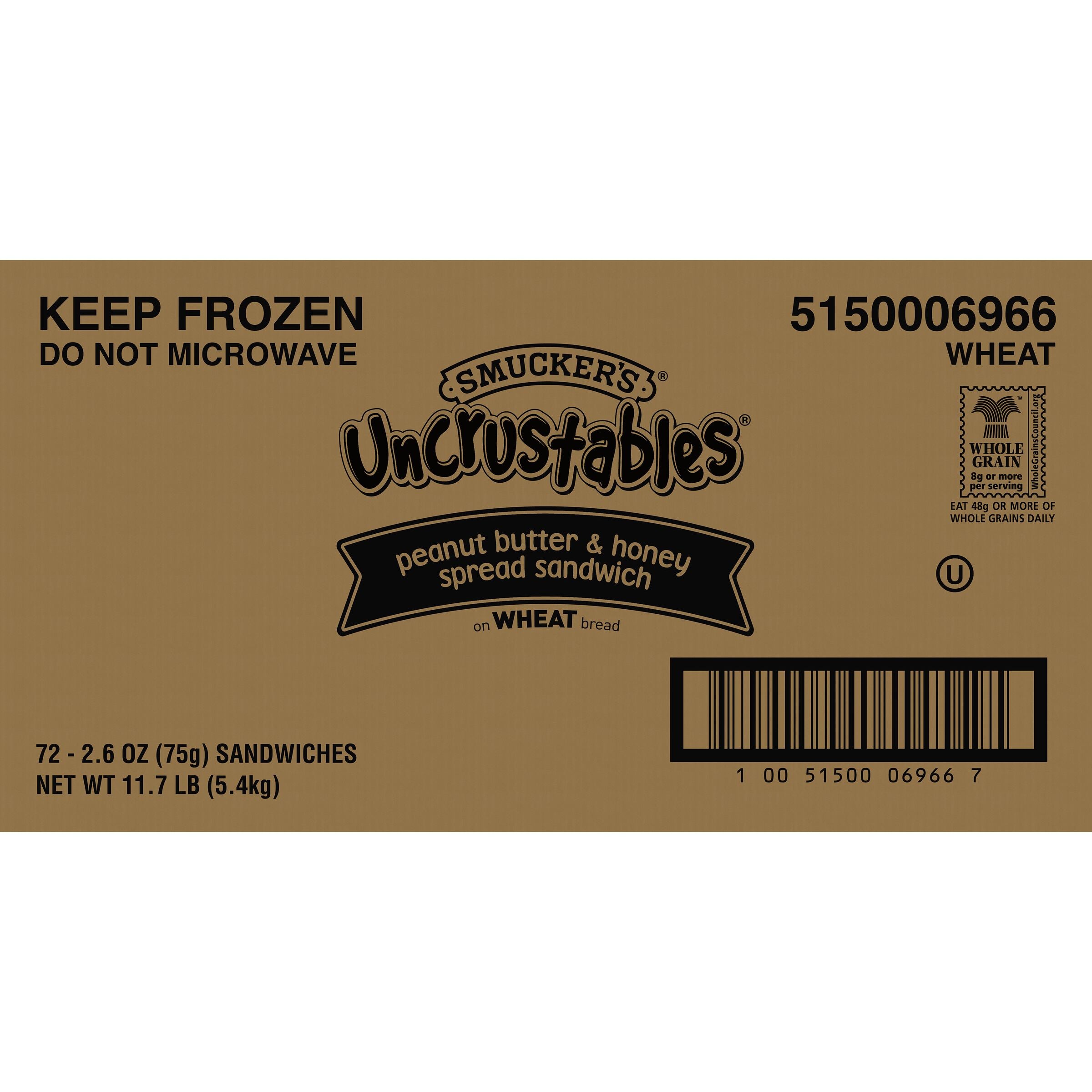 Smucker Uncrustables Peanut Butter& Honey Wheat Case 2.6 Ounce Size - 72 Per Case