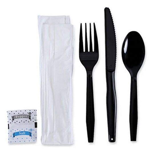 Boardwalk® Six-Piece Cutlery Kit, Condiment/fork/knife/napkin/teaspoon, Black, 250/carton