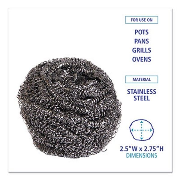 Boardwalk® Stainless Steel Scrubber, Large Size, 2.5 X 2.75, Steel Gray, 12/carton