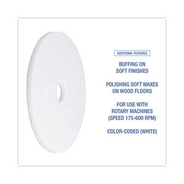 Boardwalk® Polishing Floor Pads, 20" Diameter, White, 5/carton