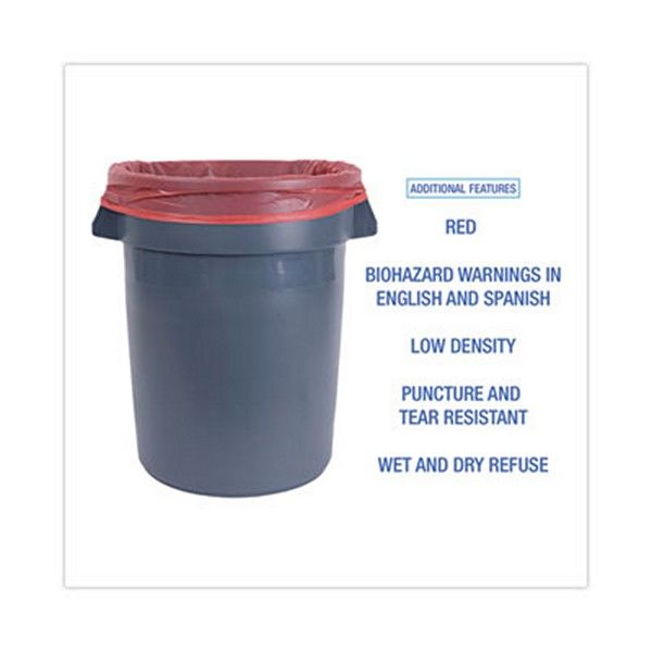 Boardwalk® Linear Low Density Health Care Trash Can Liners, 33 Gal, 1.3 Mil, 33 X 39, Red, 150/carton