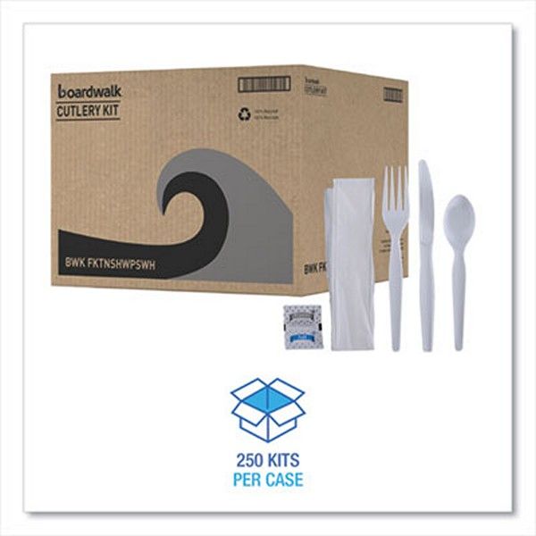 Boardwalk® Six-Piece Cutlery Kit, Condiment/fork/knife/napkin/spoon, Heavyweight, White, 250/carton